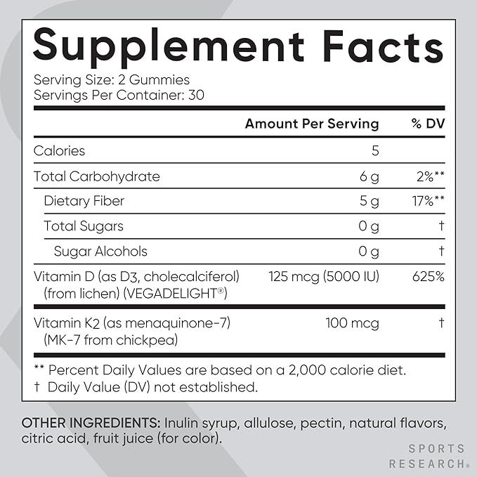 Sports Research® Vegan Vitamin D3 + K2 Gummy Supplements - 5000iu Vitamin D with 100mcg Mk7 Vitamin K - Supports Bone& Immune Health* - 60 Gummies for Adults, for Women, 1 Month Supply