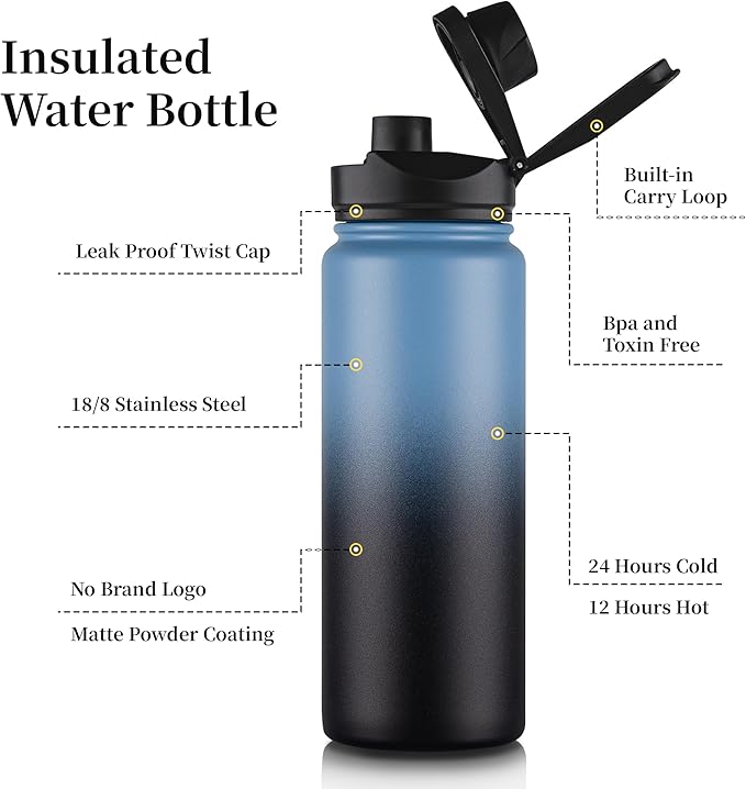 24 oz Insulated Water Bottle Bulk 8 Pack, Stainless Steel Sports Water Bottles with Straw Lid & Wide Mouth Lids, Double Walled Vacuum, Leak Proof, Blue Black Gradient