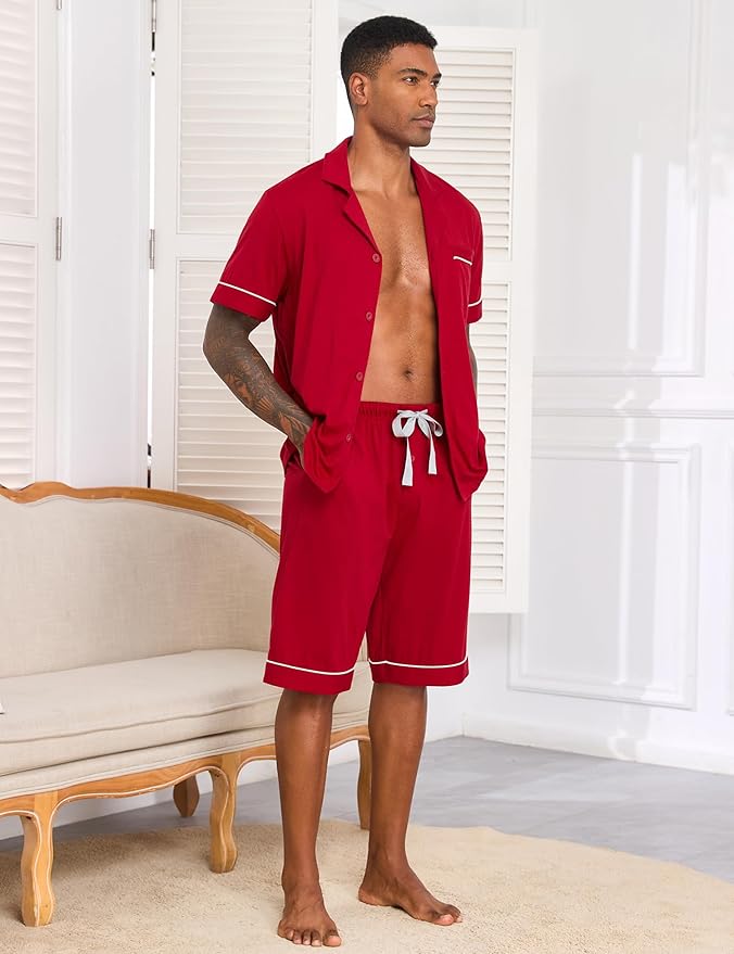 COLORFULLEAF Men's 100% Cotton Short Sleeve Pajama Sets Button Down Notched Collar Sleepwear Soft Lounge Pjs with Pockets