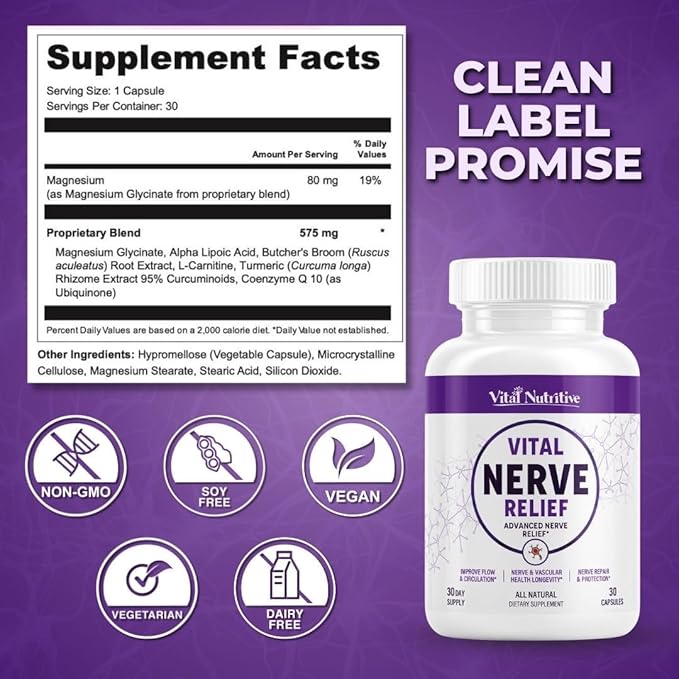 Vital Nerve Relief Supplement for Tingling & Discomfort – Alpha Lipoic Acid, Magnesium, CoQ10 – Vegan, Non-GMO, Gluten-Free, Sugar-Free, Dairy-Free – 60 Days Supply