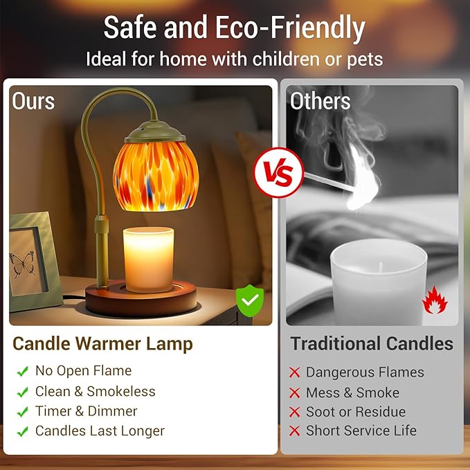 Candle Warmer Lamp with Timer, Dimmable Wax Warmer Lamp with 2 Light Bulbs, Height Adjustable Stained Glass Lamp Candle Warmer for Jar Candles, Home Room Decor, Gifts for Women Mom