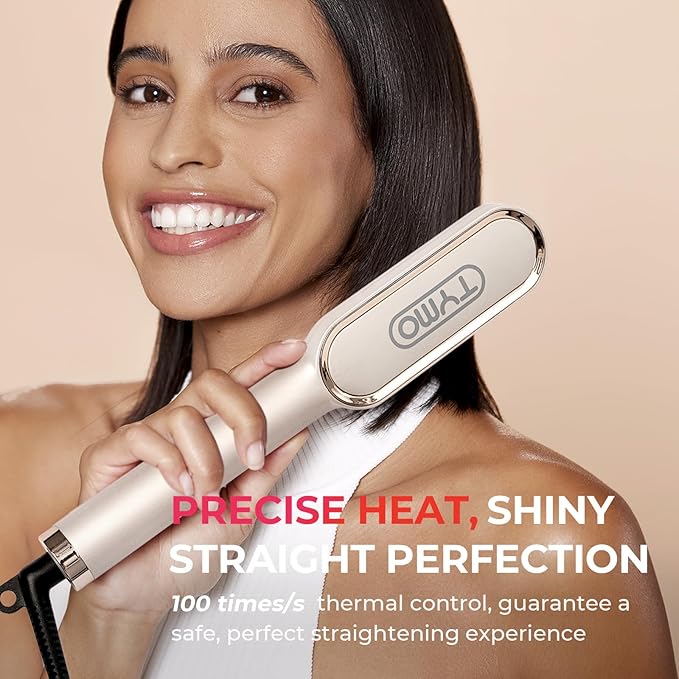 Hair Straightener Brush, TYMO Ring Hair Straightener Comb Straightening Brush for Women with 5 Temps 20s Fast Heating & Dual Voltage, Gold