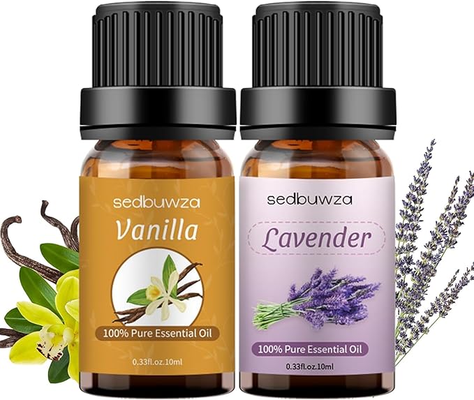 Sedbuwza Vanilla Lavender Essential Oil Set, Vanilla Fragrance Oil Lavender Scent Oil Set for Diffuser, Aromatherapy, Massage, Soap, Candle Making 2 x 10 ml