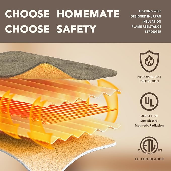 Homemate Heated Blanket Electric Throw - 50"x60" Heating Blanket Throw 1/2/4/6/8 Hours Auto-Off 10 Heat Level Over-Heat Protection Flannel Sherpa ETL Certification