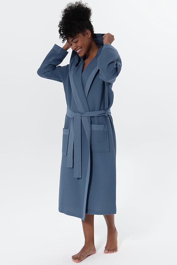 SEYANTE Women’s Luxury Waffle Shawl Collar, Hooded Robe w Piping – Lightweight, Long, Ultra Soft Spa Sleepwear Bathrobe