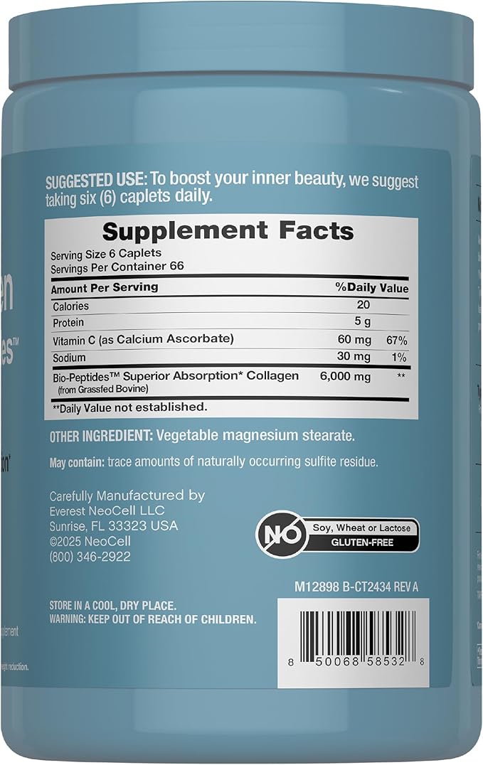 NeoCell Grass Fed Collagen Peptides | 400 Caplets | Types I & III Bio-Peptides | with Vitamin C | Superior Absorption Formula | for Women and Men