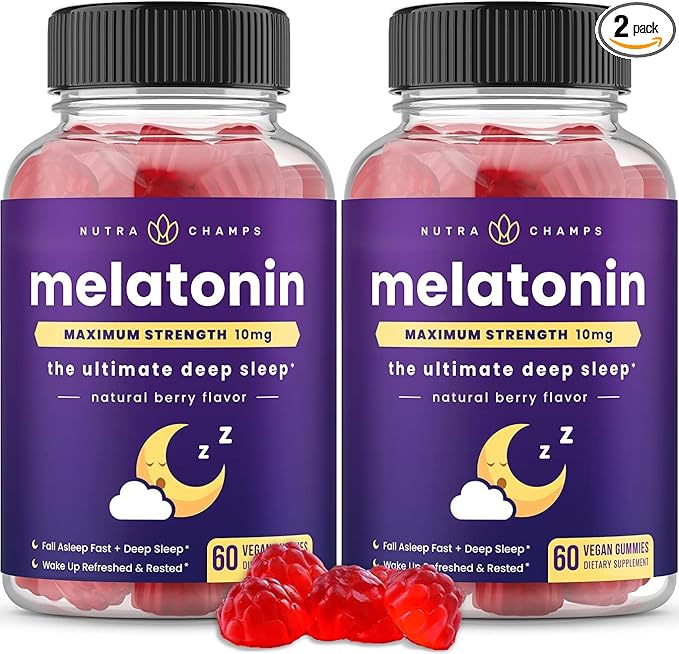 NutraChamps (Pack of 2 Melatonin Gummies for Adults, Extra Strength Sleep Aid Vitamins, 5mg or 10mg Dose, Vegan Natural Strawberry Flavor Supplement for Better Sleep, 120 Gummies