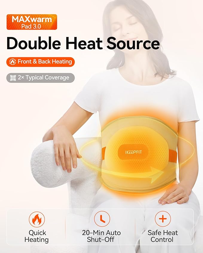Portable Heating Pad with Massager for Back Pain Relief: MAXwarm 3.0, IKEEPFIT Electric Cordless Heat Pad for Period Cramps, Extra Large 65", 8000mAh Battery, Gift for Women Men(Beige)
