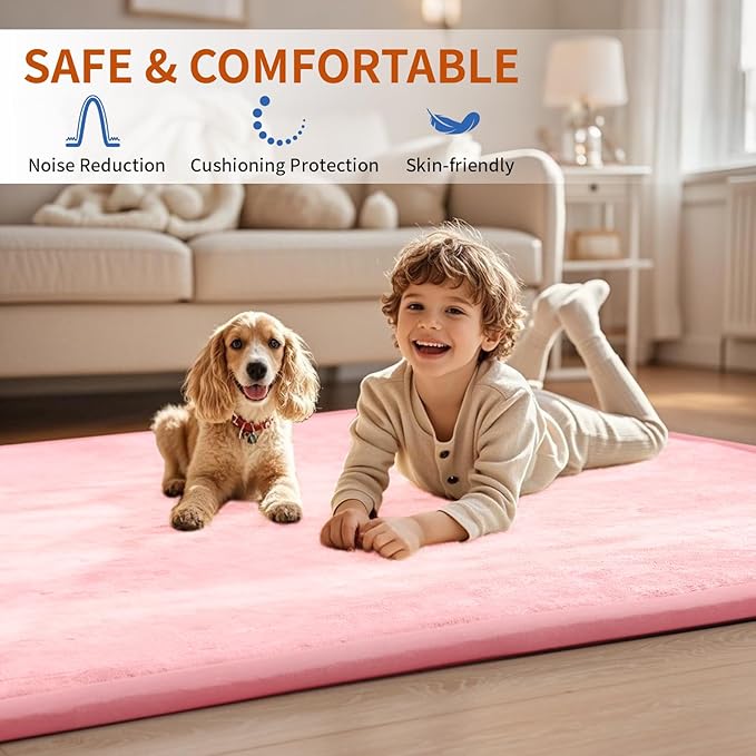 ACOMOPACK Baby Play Mat for Floor,1.3" Thick Memory Foam Area Rug for Living Room,Soft Velvet Crawling with Non-Slip Bottom for Kid,Toddler,79"×118" Tummy Time Nursery Rugs,Yoga(Pink)