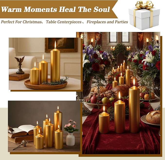 18 Pcs Gold Pillar Candles Bulk Set,Hurricane Candles,3 Different Lengths (6 Each),Dripless Unscented Smokeless,Suitable for Decorating Christmas, Weddings, and Other Events!