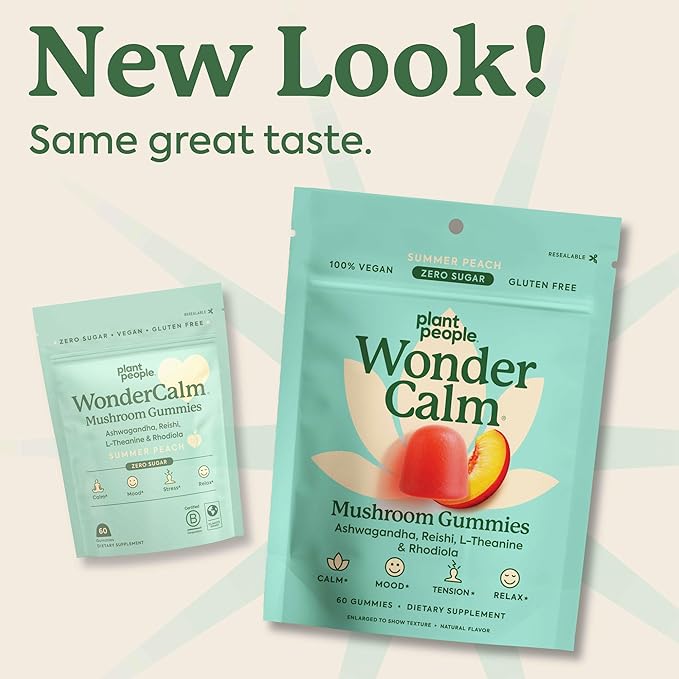 Plant People WonderCalm Mushroom Gummies - Natural Ashwagandha Supplement to Ease Stress & Boost Mood for Adults Without Sugar, Gluten or Artificial Colors, Vegan-Friendly, Peach Flavor, 60 Count