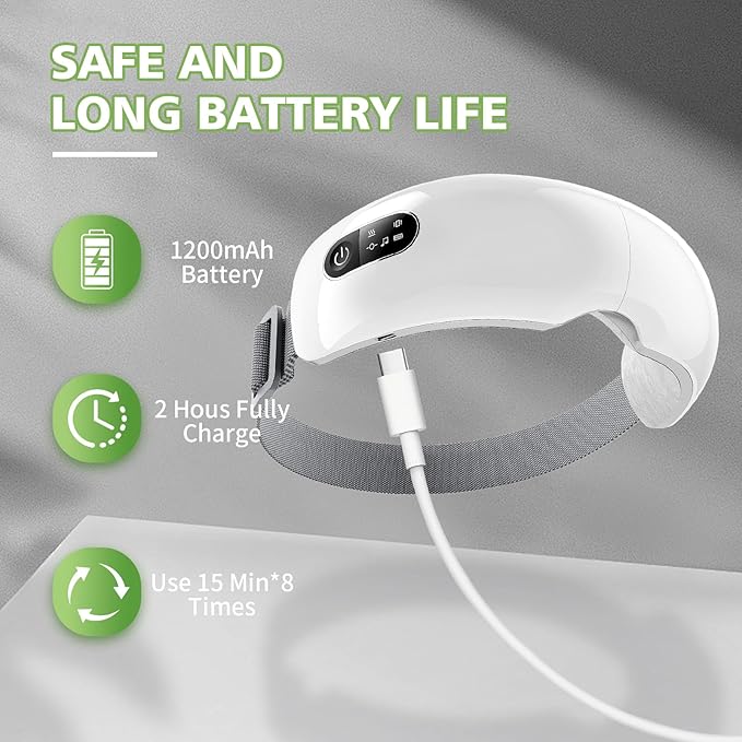 NOWWISH Eye Massager with Heat, Vibration and Bluetooth Music for Migraine Headache Eye Strain Relief, Cordless Heated Eye Mask with 4 Massage Modes, Relaxation -Birthday Gifts for Women Men -White