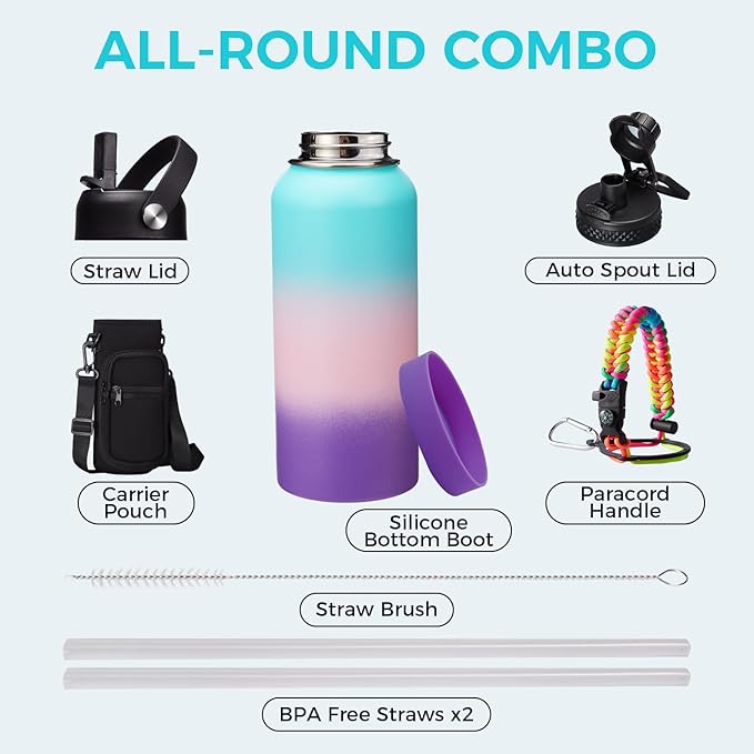 32 40/64/128 oz Flask Water Bottles Insulated - with Straw Auto Spout Lid, Water Bottle Stainless Steel Keep Cold 48H Hot 24H, Metal Water Bottle with Strap, Paracord Handle, Protective Boot