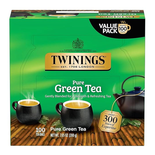 Twinings Pure Green Tea Individually Wrapped Bags, 100 Count (Pack of 1), Smooth & Refreshing, Caffeinated, Enjoy Hot or Iced, 100 Teabags