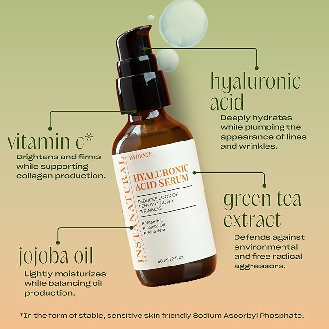 InstaNatural Hyaluronic Acid Serum for Face, Brightens, Hydrates, Reduces the Look of Fine Lines and Wrinkles, with Vitamin C, Jojoba Oil, and Aloe Vera, 2 Fl Oz