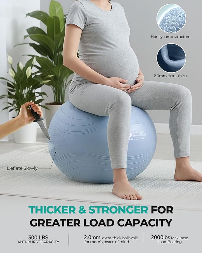 Gruper Yoga Ball, Extra Thick Exercise Ball for Workout Pregnancy Stability - 4 Sizes Anti Burst Balance Ball for Yoga, Pilates, Fitness, Birthing, Physical Therapy - Includes Pump