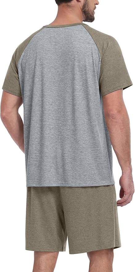 Mens Pajama Set Summer Pjs Sleepwear Lightweight Short Sleeve Pjs Soft Comfy Sleep Set With Pocket