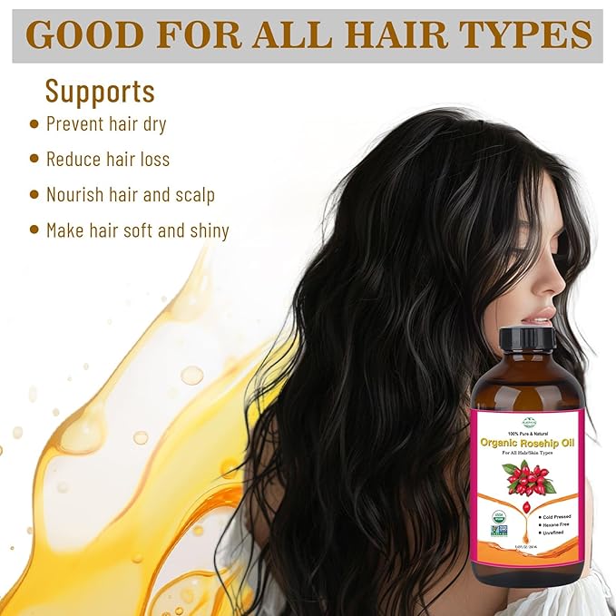 Rosehip Seed Oil for Face, 100% Pure Natural Organic Rosehip Oil Cold Pressed Unrefined Facial Oil for Anti-Aging, Acne Scar, Moisturizing Skin Hair Care (No Dropper, 8.45oz/250ml)