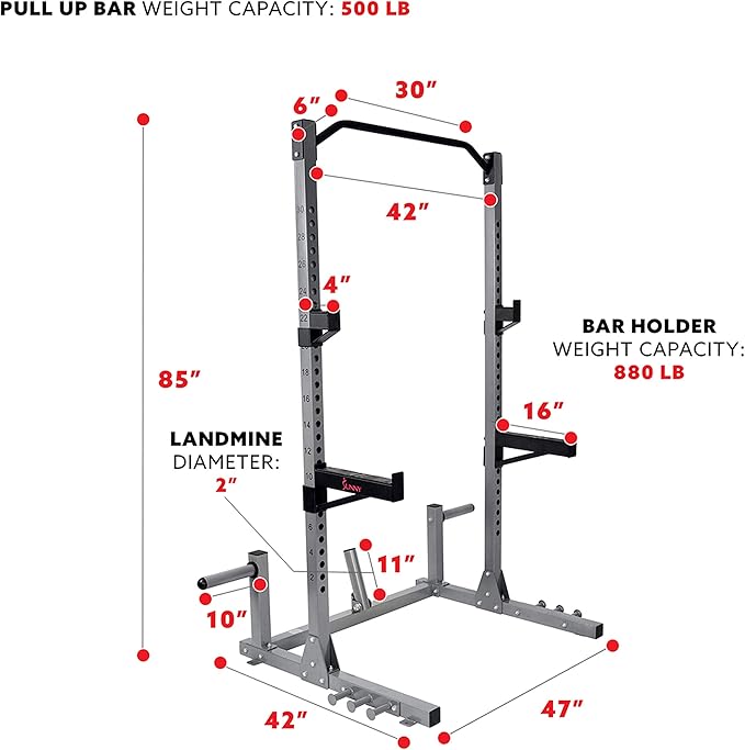 Sunny Health & Fitness Power Cage and Squat Rack In High Weight Capacity with J-Hooks, Adjustable Pull Up Bar, Weight Plate Holders, Resistance Band Posts