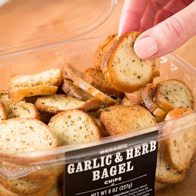 Garlic & Herb Bagel Chips NY Style Bagel Crisps. Organic, Vegan, Kosher. From the artisans of Schwartz Brothers Bakery. Baked Fresh. Twice Baked. 8 ounce container. Great Snack. Delicious. Pack of 2.