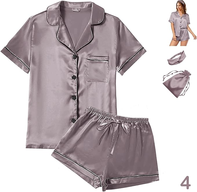 4Pcs Womens Satin Silky Pajama Sets Short Sleeve Shirt XS-4XL Floral Pajamas Set Soft PJ Loungewear Sleepwear