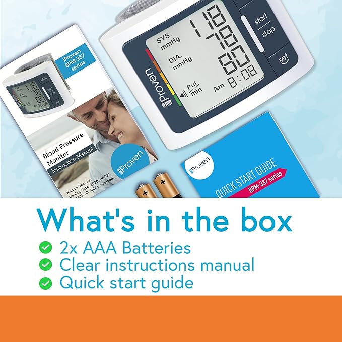 iProven Wrist Blood Pressure Monitor for Home Use – Heart Rate Display, Large Wrist Cuff, LCD Screen, Color-Coded Indicator
