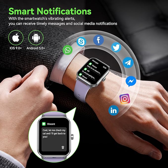 Smart Watch for Men Women, 1.85" HD Touchsreen Fitness Tracker, 120+ Sport Modes, 24/7 Heart Rate & Sleep Monitor, Pedometer, Calories, IP68 Waterproof, Fitness Watch for Android iPhone (Purple)