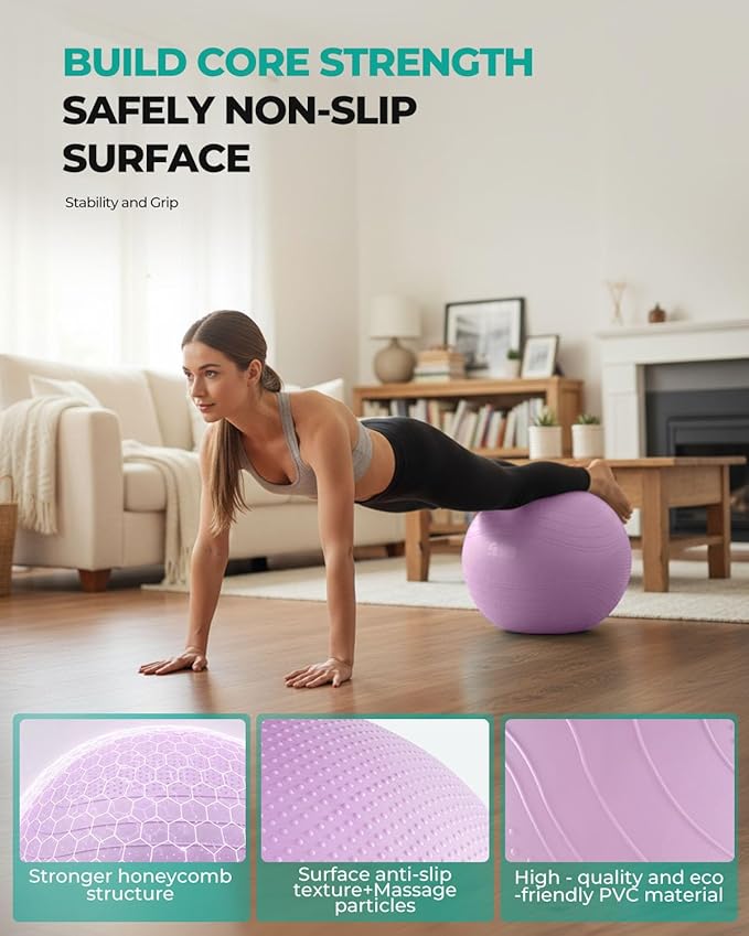 Gruper Yoga Ball, Extra Thick Exercise Ball for Workout Pregnancy Stability - 4 Sizes Anti Burst Balance Ball for Yoga, Pilates, Fitness, Birthing, Physical Therapy - Includes Pump