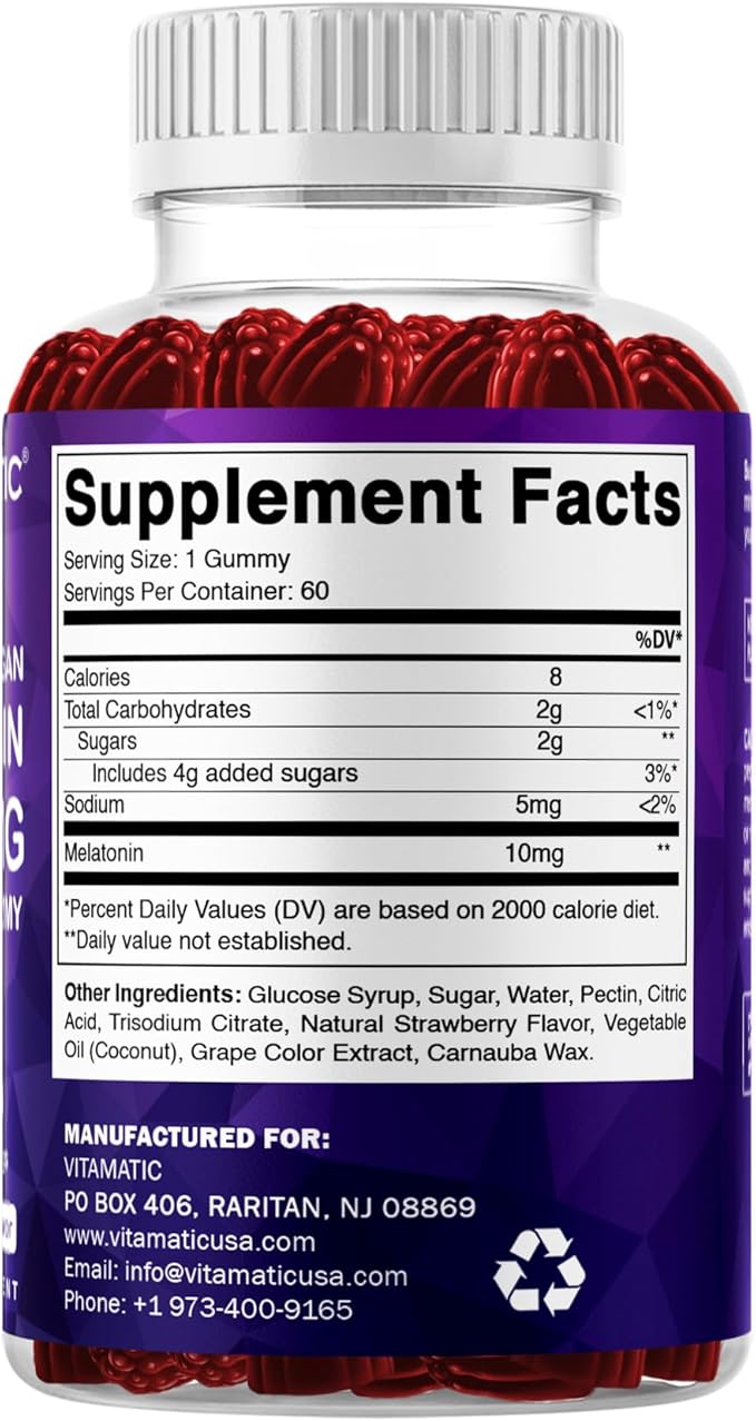 Vitamatic Melatonin 10 mg Vegetarian Gummies – Non-Habit Forming – 60 Gummies per Bottle – 2-Pack (Total 120 Vegan Gummies)
