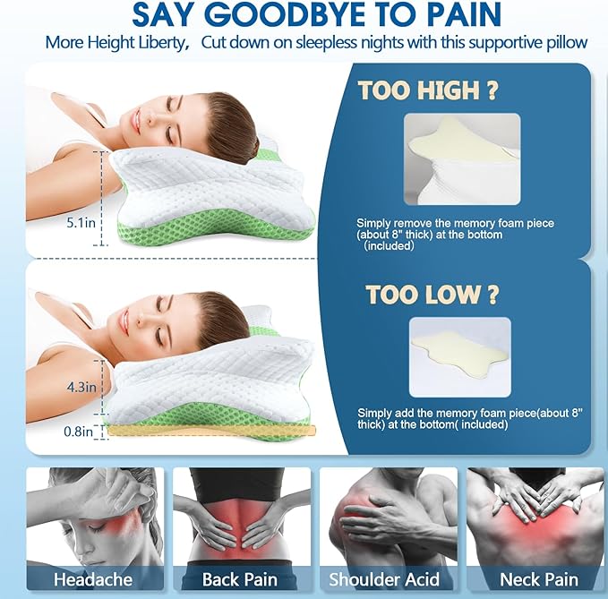 Memory Foam Pillows, Cervical Pillow for Neck and Shoulder Pain Relief, Ergonomic Contour Bed Pillow, Soft for Side Sleep Stomach Sleeping and Back Sleeper