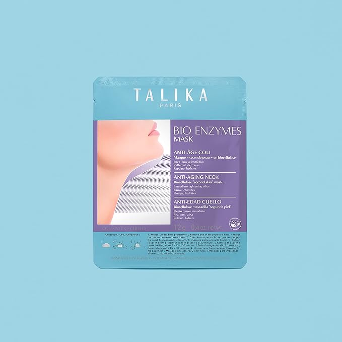 Talika Bio Enzymes Mask Neck - Smoothing Anti-Aging Neck Mask - Biocellulose Moisturising Neck Mask - Second Skin Effect Beauty Sheet Mask - 12g