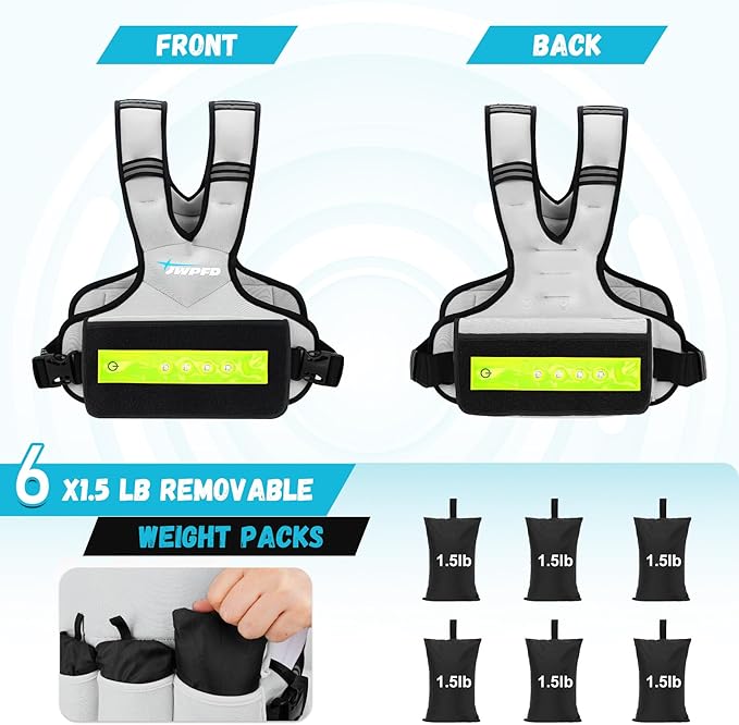Adjustable Weighted Vest for Women Men, 6-15 Lbs Rucking Vest with LED Light Strips, Weight Vest with 6 Ironsand Weights, and Zipper Pocket for Strength Training, Walking, Running