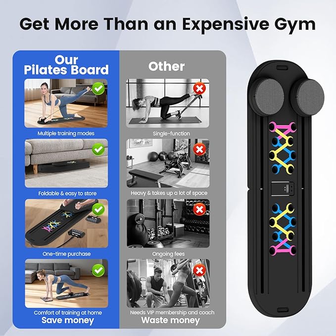 Pilates Board, Foldable Pilates Reformer Set with Timer, 8-in-1 Multi-Purpose Portable Pilates Machine for Home Workout, Pilates Reformer Kit for Full Body Workout, Abs Trainer, Core Strength
