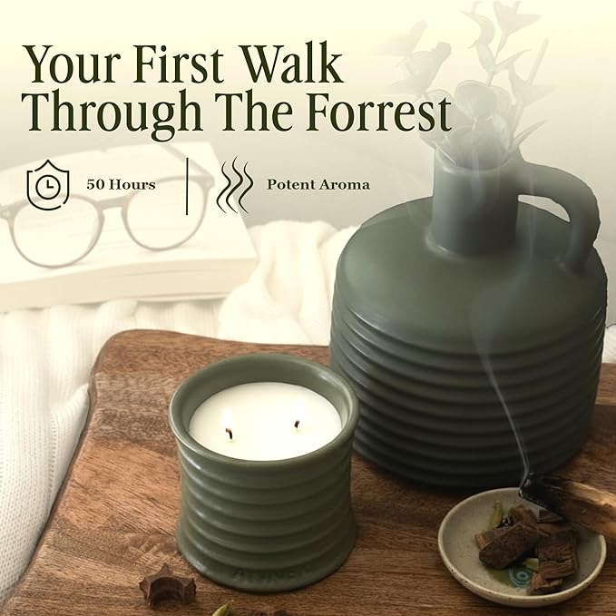 Scented Luxury Candles in Handmade Ceramic Jars, Soy Wax | Woody Wood โ Oud & Agarwood, Large Candle | Non Toxic, 2 Wicks, Reusable Big Olive Green Jar | Natural Spring Aromatherapy for Women & Men