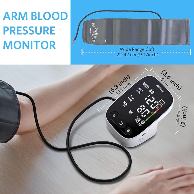 BESTEK Blood Pressure Monitor, Automatic Arm Blood Pressure Monitors for Home Use, Digital Large LED Voiced Broadcast BP Cuff Comfortable and Portable for Home Travel (9"-17" Adjustable)