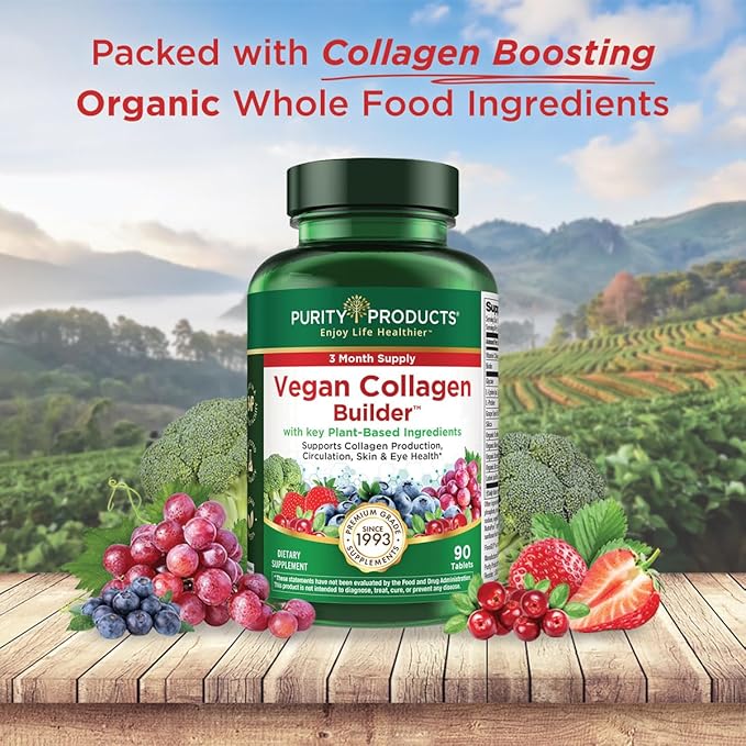 Purity Products Vegan Collagen Builder - Organic Whole Foods Fruits + Veg, Silica, Lutein, Vitamin C, Biotin, Grape Seed - Amino Acids Glycine, Lysine + Proline Collagen Boosters - 90 Tablets
