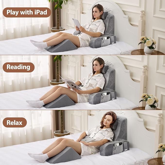 Reading Pillow for Sitting in Bed Adult, Back Pillow for Sitting Up in Bed with Arm Rest and Knee Rest, Suitable for Gaming,Watching TV on Floor, 19in 5Pcs, Grey
