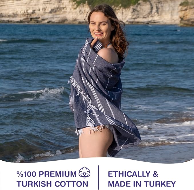 Turkish Beach Towels, Pack of 4 | Oversized, Quick Dry, Sand Free | 100% Cotton, Large 38x71 Towels for Beach, Pool, Travel | Ultra-Soft, Compact, and Absorbent | Navy