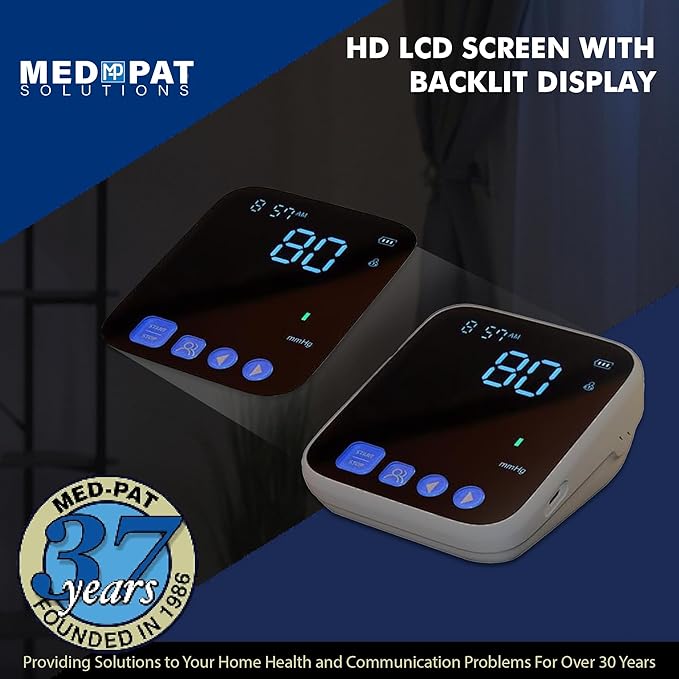 Med-Pat BP-S Arm Blood Pressure Monitor - 4.7" HD LCD Screen - 2 Users x 300 Memories Plus Guest Mode - Irregular Heartbeat Detection - Hold Still Indicator - FSA/HSA Approved - Portable Square Design