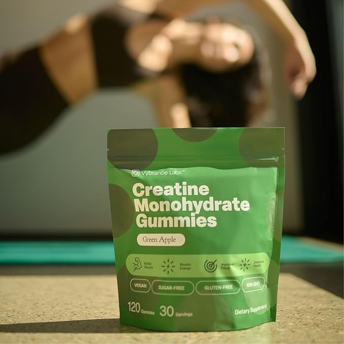 Creatine Gummies 5g Monohydrate + Taurine & B12 - Sugar-Free, Vegan, Gluten-Free - Green Apple - 120 Count (30 Servings) for Strength, Energy & Focus