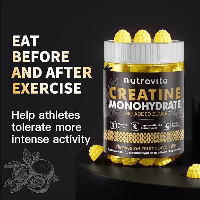 Nutravita Creatine Monohydrate Gummies for Men & Women-5g of Creatine Monohydrate per Serving - Sugar Free,Vegan, Passion Fruit Flavor, 120 Count
