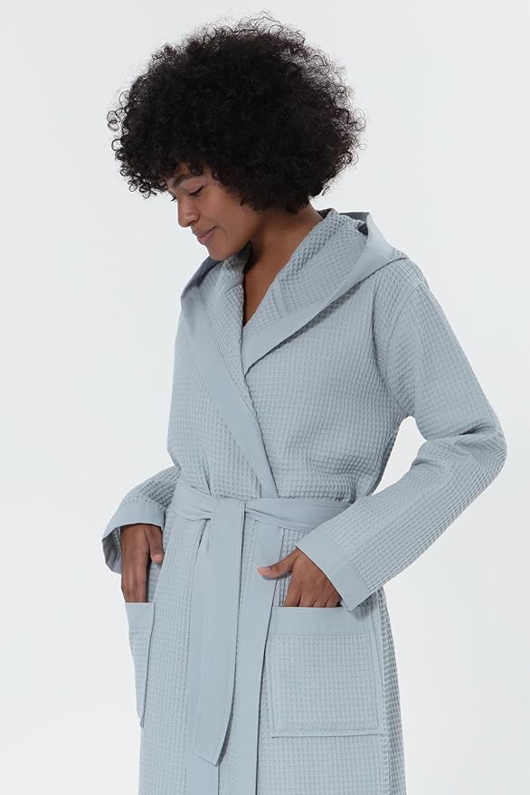 SEYANTE Women’s Luxury Waffle Shawl Collar, Hooded Robe w Piping – Lightweight, Long, Ultra Soft Spa Sleepwear Bathrobe