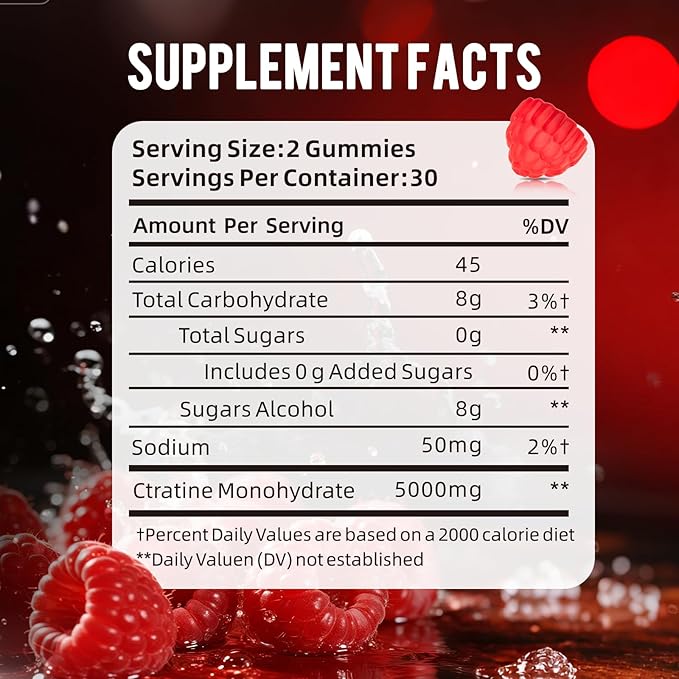 Creatine Monohydrate Gummies, Sugar Free & Gelatin Free, Raspberry Flavor, 60 Count Creatine Monohydrate Gummies for Men & Women, Muscle Growth, Strength & Energy Support