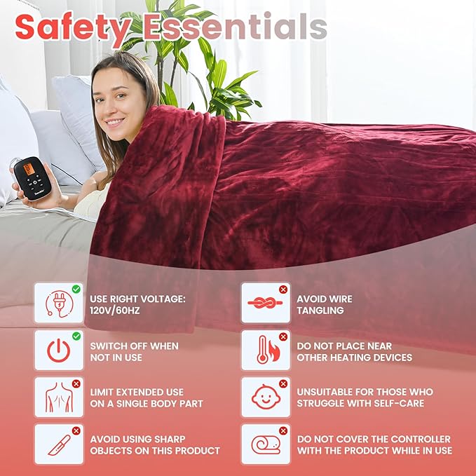 Sunable Heated Electric Blanket - Machine Washable Blanket with Time Settings 10 Heat Settings Queen Size 84×90 inches Burgundy -Velvet