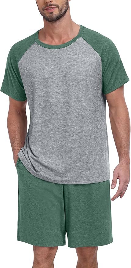 Mens Pajama Set Summer Pjs Sleepwear Lightweight Short Sleeve Pjs Soft Comfy Sleep Set With Pocket
