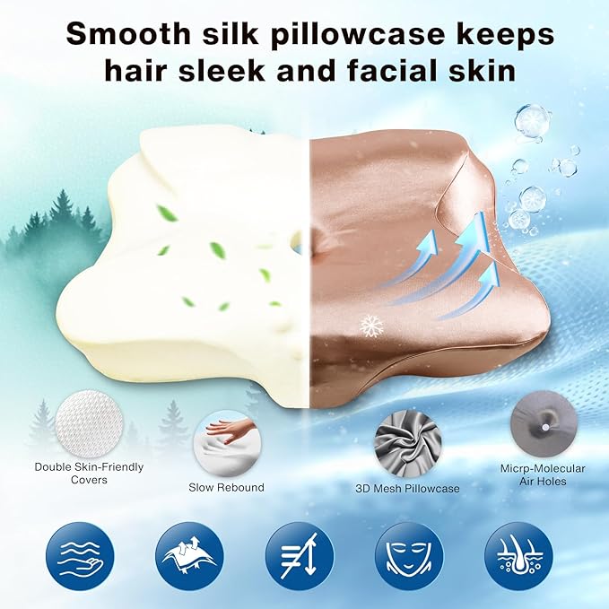 Pain Relief Cooling Pillow for Neck Support Adjustable Cervical Pillow Side Sleeping Memory Foam with Super Soft and Cooling Satin Pillowcase Pink