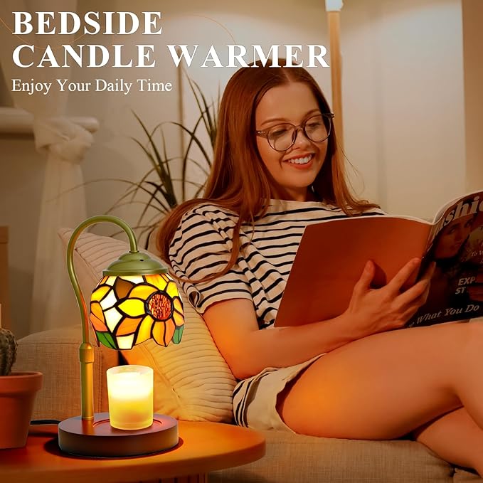 Candle Warmer Lamp - Electric Candle Lamps Timer Dimmer, Sunflower Tiffany Style Stained Glass Candle Warming Lamp Compatible with Jar Candles Gifts for Mom Friend Wax Melt Warmer for Home Decor