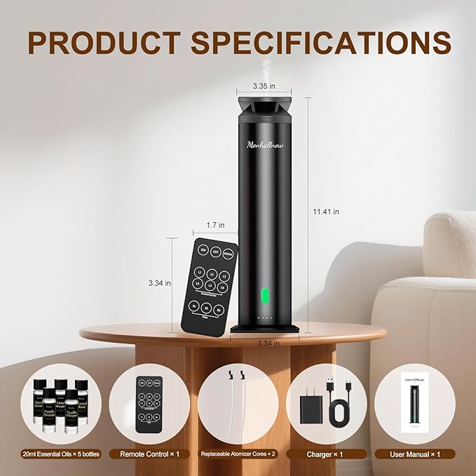 Waterless Scent Diffuser Starter Kit - 1000 Sq Ft Coverage, Essential Oil Diffuser for Home, Hotel & Office, Included 5 Scent Oils, Remote Control, Aromatherapy Diffuser, Ultra Black