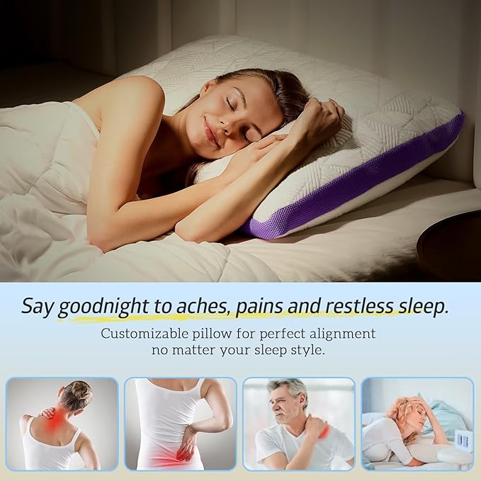 BETU Cooling Pillows Standard Size Set of 2, Shredded Memory Foam Cool Pillows for Hot Sleepers, Adjustable Firm Soft Support Bed Pillow Perfect for Back Neck Pain and Side Sleeping, Purple
