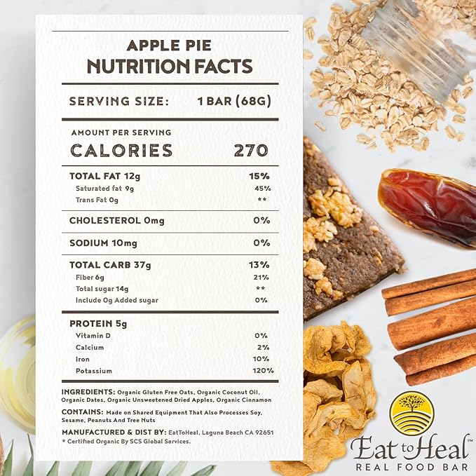 EatToHeal Apple Pie Real Food Bar - Organic Dates & Oats, Gluten Free Vegan Healthy Protein Bars - Low Sugar Meal Replacement Bar, Non GMO, Never Baked, Plant Based - Crafted to Enjoy